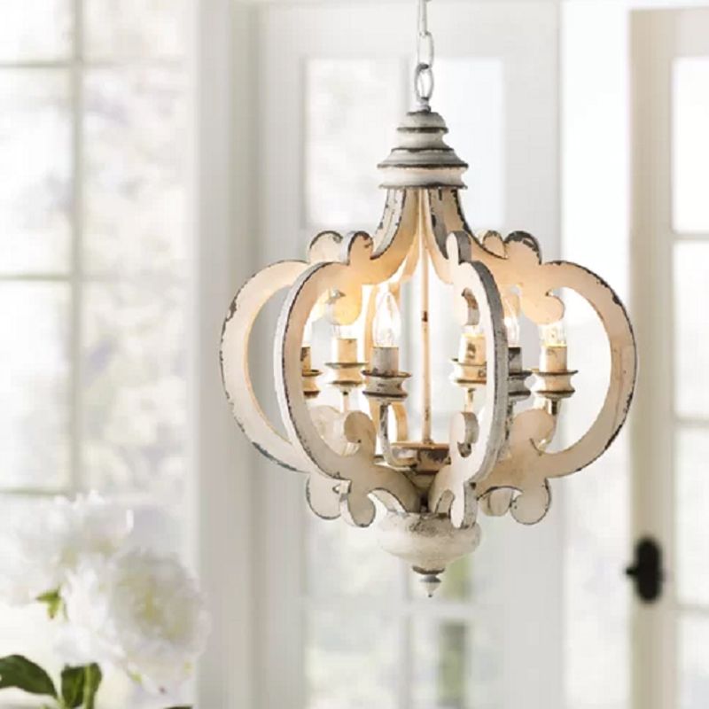 5 Bulbos Cámaras de techo del círculo Madera tradicional accesorio de iluminación suspendida en blanco