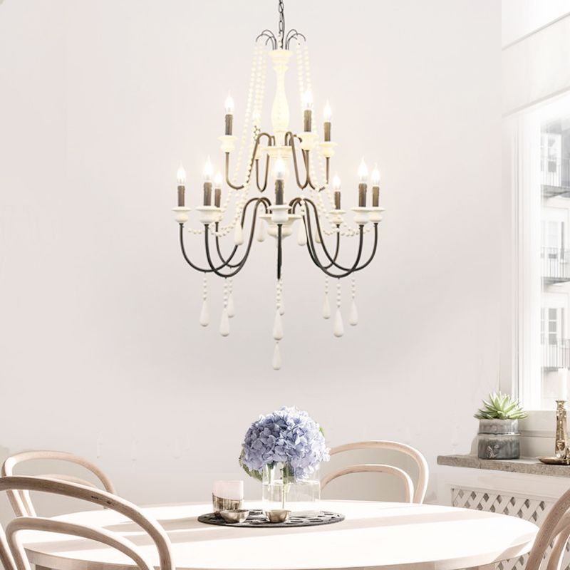 Traditional 2-Tier Hanging Chandelier Metal 12 Bulbs Suspension Light in White with Wooden Drop
