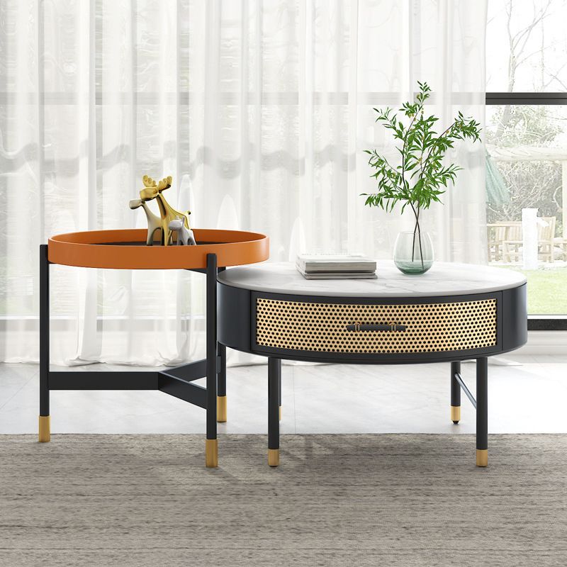 Luxurious Slate Round Top Coffee Table Set with Storage Drawer