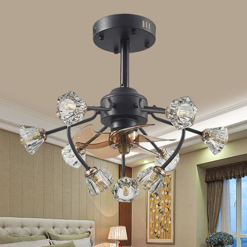 Armoiries courbées traditionnelles suspendues à la lampe à fans 9 têtes Crystal Bell Shade 5 lames semi-luxueuses en noir, 23,5 "de largeur