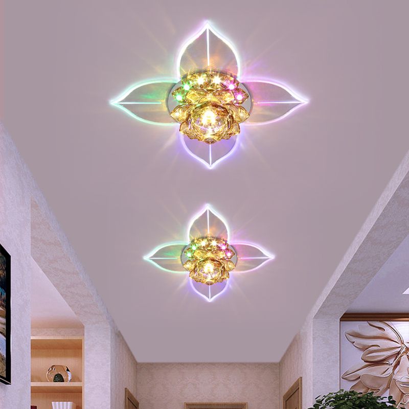 Clear Crystal Flower Flush Mount Light Minimal LED Close to Ceiling Lamp for Porch