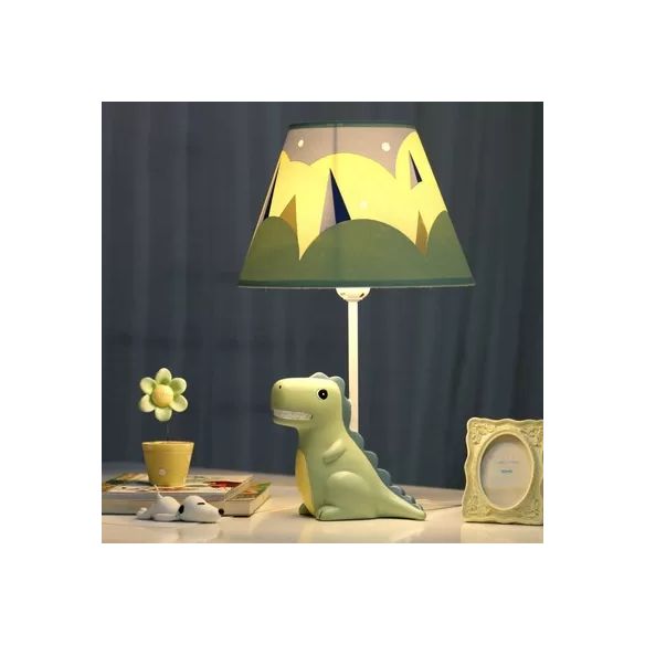 Lampada da tavolo con dinosauro verde Grin, 1 lampadina, lampada da tavolo in resina per bambini con paralume in tessuto per cameretta