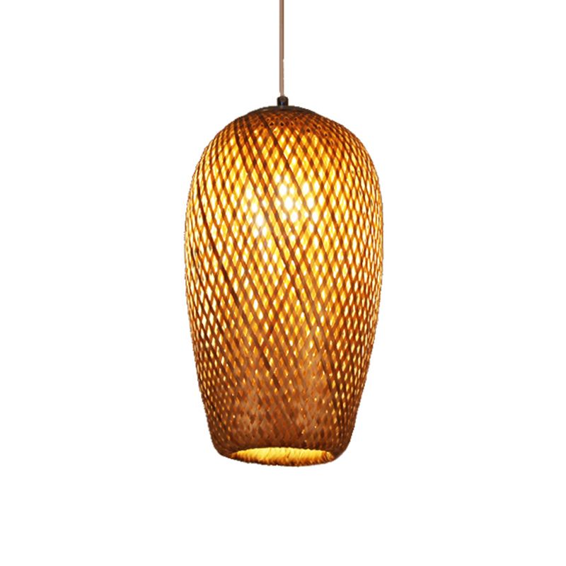 Crisscross Woven Ceiling Hanging Lantern Chinese Bamboo 1 Bulb Brown Pendant Light Fixture for Restaurant