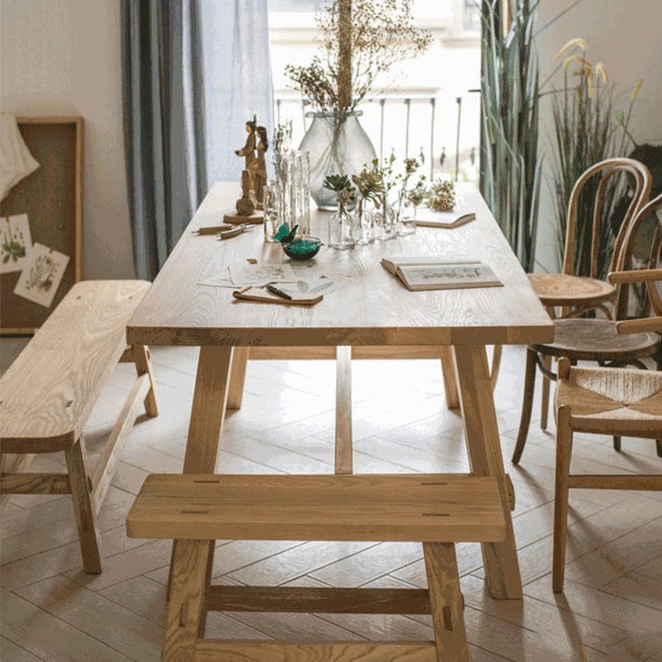 Natural Pine Solid Wood Table Modern Rectangle Trestle Base Table