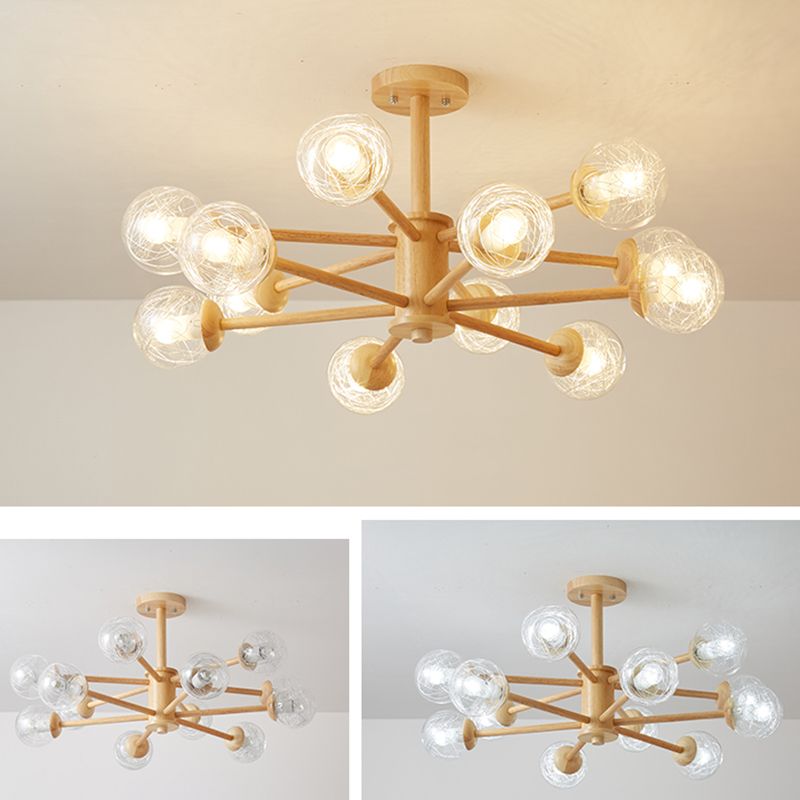 Creative Simple Style Wooden Chandelier Ceiling Hanging Light with Glass Shade