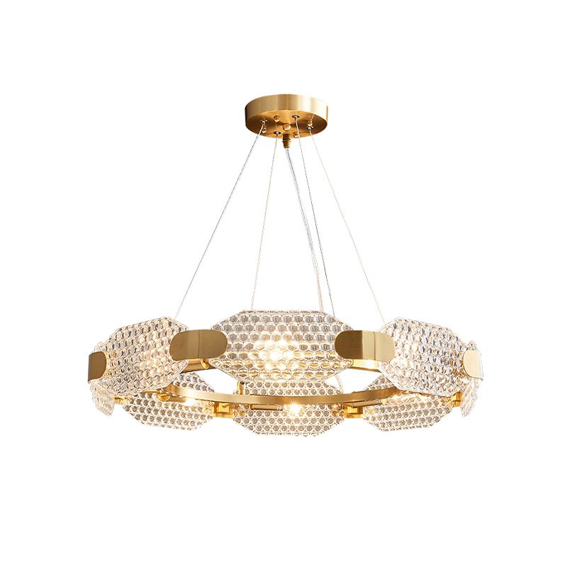 8-Head Octagon Chandelier Light Colonialist Gold Clear Textured Glass Ceiling Lamp with Circular Design