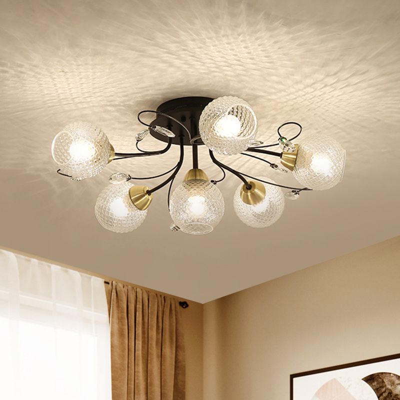Globus Deckenmontagedise Minimalismus klares Gitterglas 6 Lampen Black/Gold Semi Flush Light