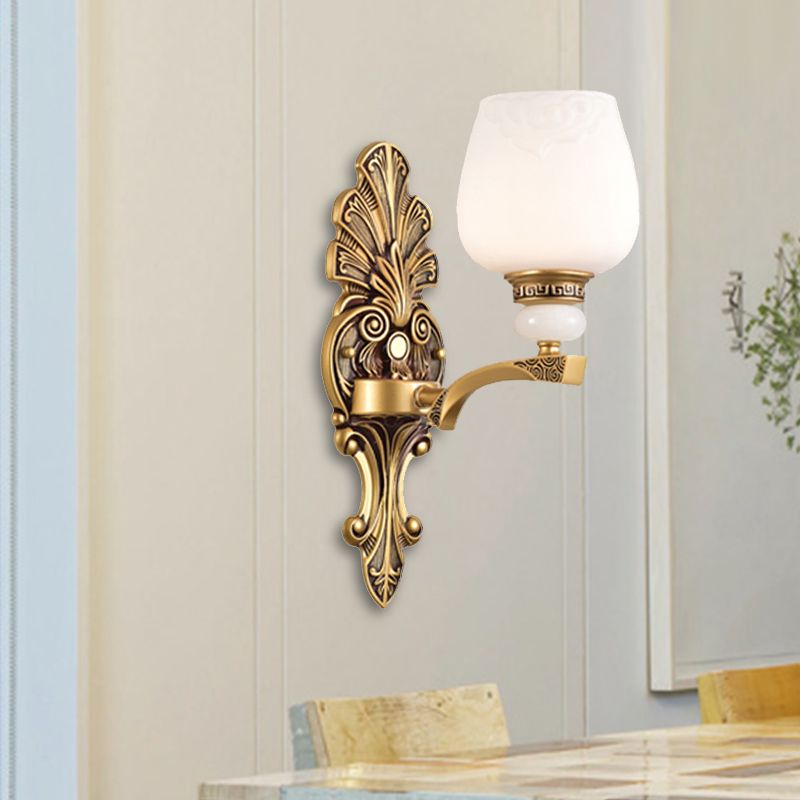 Brass 1/2 Heads Wall Mount Lamp Antiqued White Glass Cup Shape Wall Sconce Lighting for Bedroom