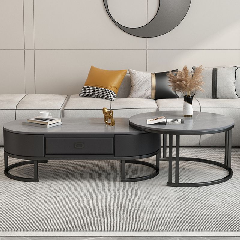 Glam Nesting Coffee Table Set Frame Round Slate Coffee Table with Drawer