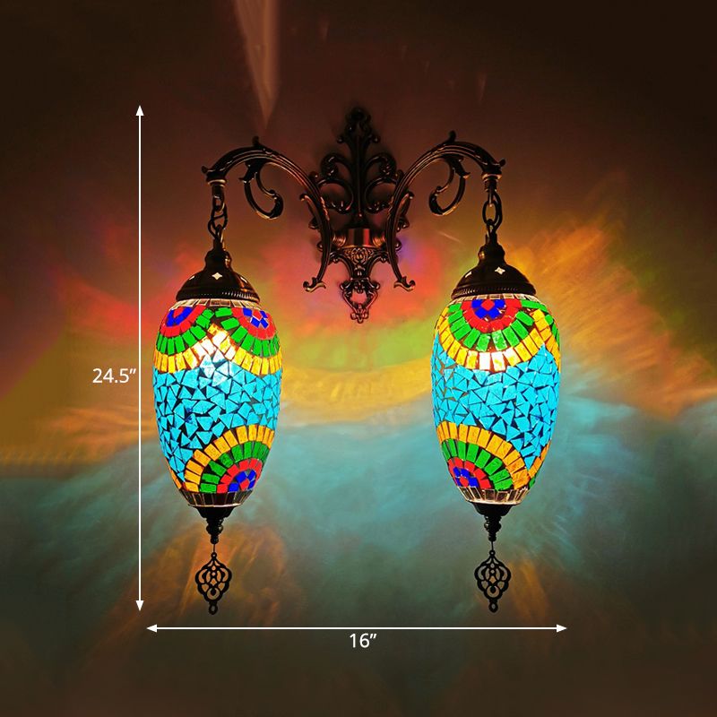 Droplet Stained Glass Wall Lighting Mediterranean 2 Heads Bar Wall Mount Lamp in Red/Orange/Green