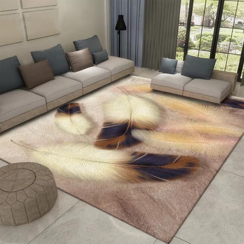 Casual Modern Rug in Pink Animal Feather Pattern Rug Polyester Machine Washable Carpet for Home Decoration