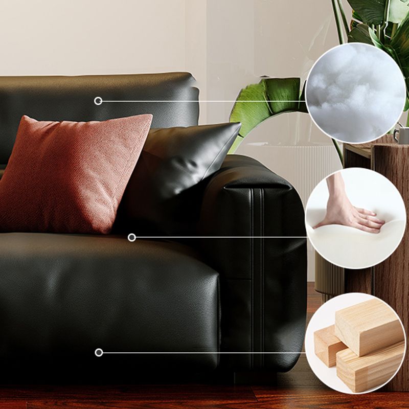Black Genuine Leather Sofa Mid-Century Modern Square Arm Sofa
