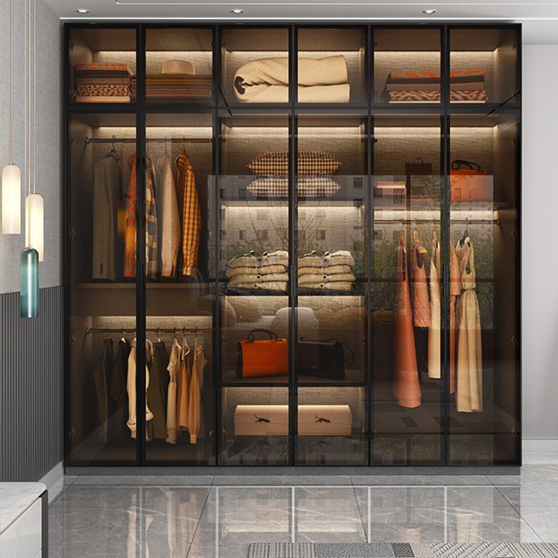 Bedroom Hinged Doors Storage Cabinet Glass Door Wardrobe with Garment Rod