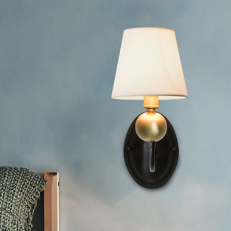 Tapered Fabric Wall Sconce Light Rural 1/2-Bulb Bedroom Wall Mount Lighting in White/Beige with Swooping Arm