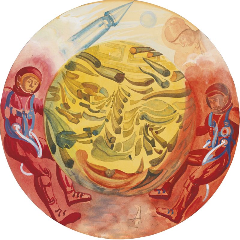 Spacemen in Sphere Mural Wallpaper Red and Yellow Surrealism Wall Decor for Bedroom