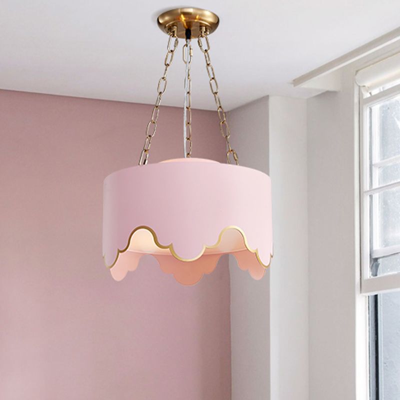 Tambour pendentif plafond léger kid iron 1 lampe de suspension rose bulbe avec bord à volants pour pépinière