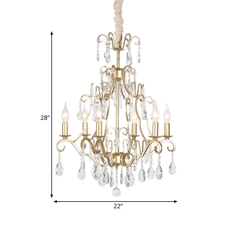 6 Lights Chandelier Lamp Lodge Curvy Arm Crystal Pendant Light Fixture in Gold for Bedroom