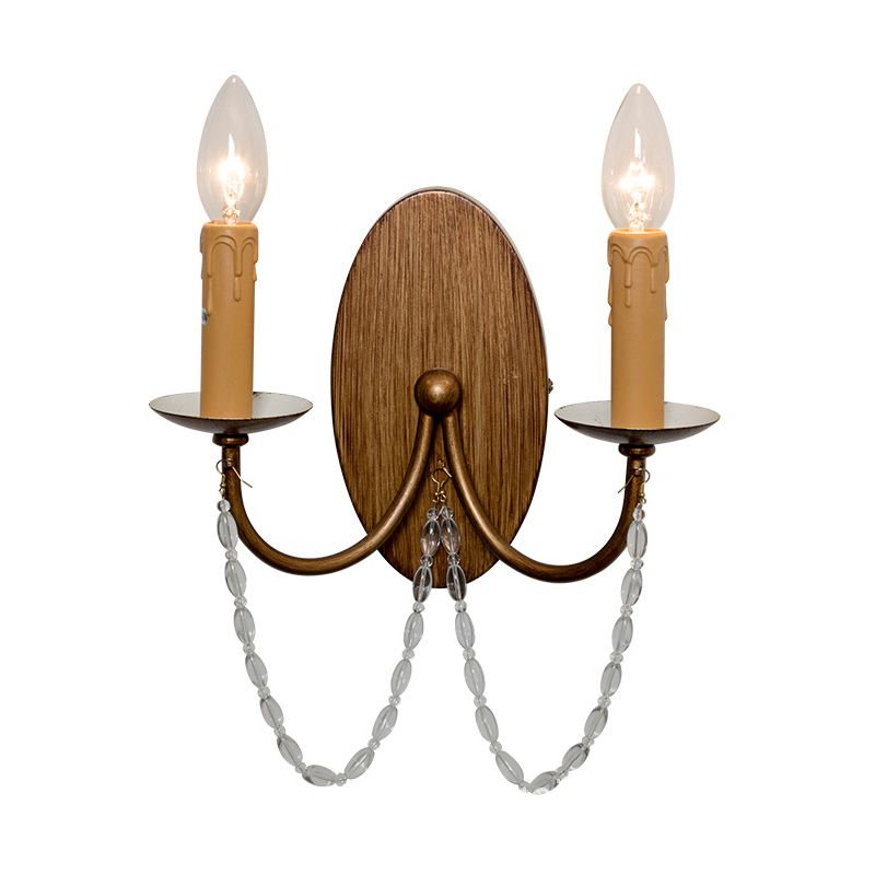 Wood Candle Wall Sconce Light Rustic Crystal Bead 2 Lights Hallway Wall Mount Lamp