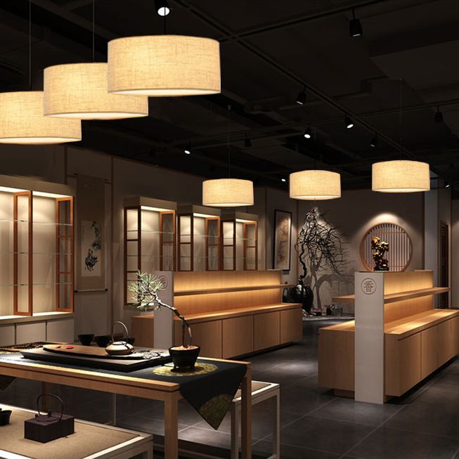 Restaurant Hanging Lamp Fixture Modern Minimalist Pendant Light with Drum Fabric Shade