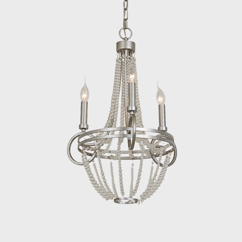 Silver 3 Bulbs Pendant Chandelier Rustic Crystal Bead Candelabra Suspension Light for Dining Room