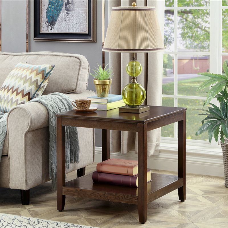 Modernistic Solid Wood 4 Legs Square Double Tier Accent Side Table