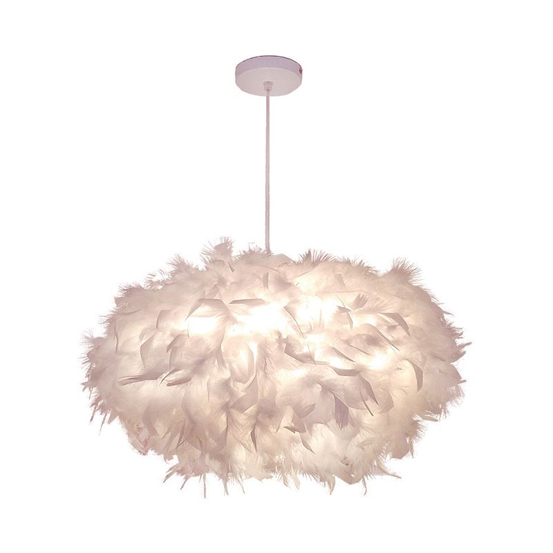 Minimalist Spheroid Hanging Light Fixture Feather 1-Bulb 18"/21.5" W Dining Room Suspension Pendant in White