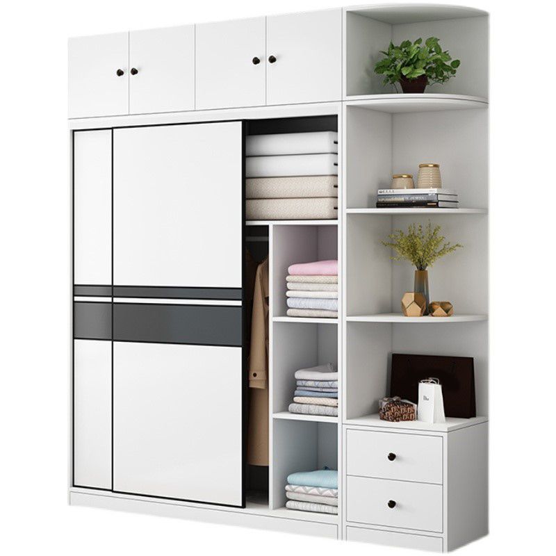 Contemporary Style Wooden Wardrobe White Colour Cloth Rod Included Wardrobe Closet
