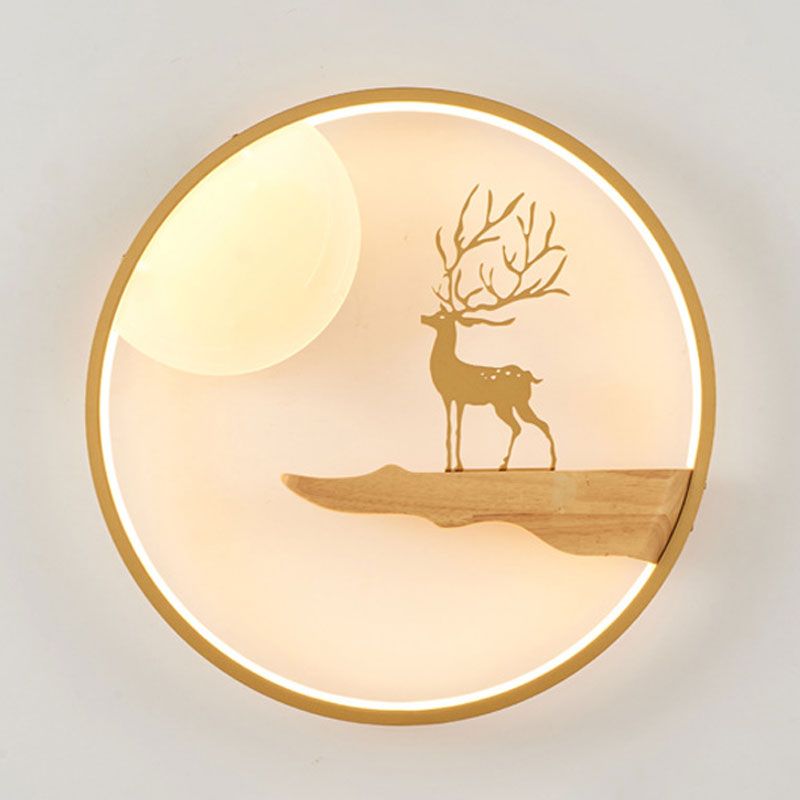 Asian LED Wall Mural Lighting Black/Beige Moon and Deer Wall Mounted Light with Wood Frame