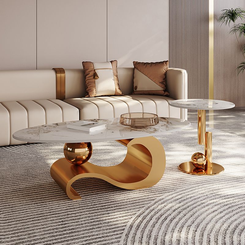 Stainless Steel Abstract Base Cocktail Table Oval Slate Top Coffee Table