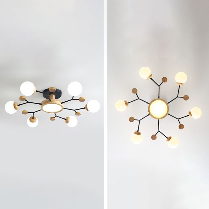 Nordic Solid Wood Ceiling Light White Glass Modos Semi Flush Light for Living Room