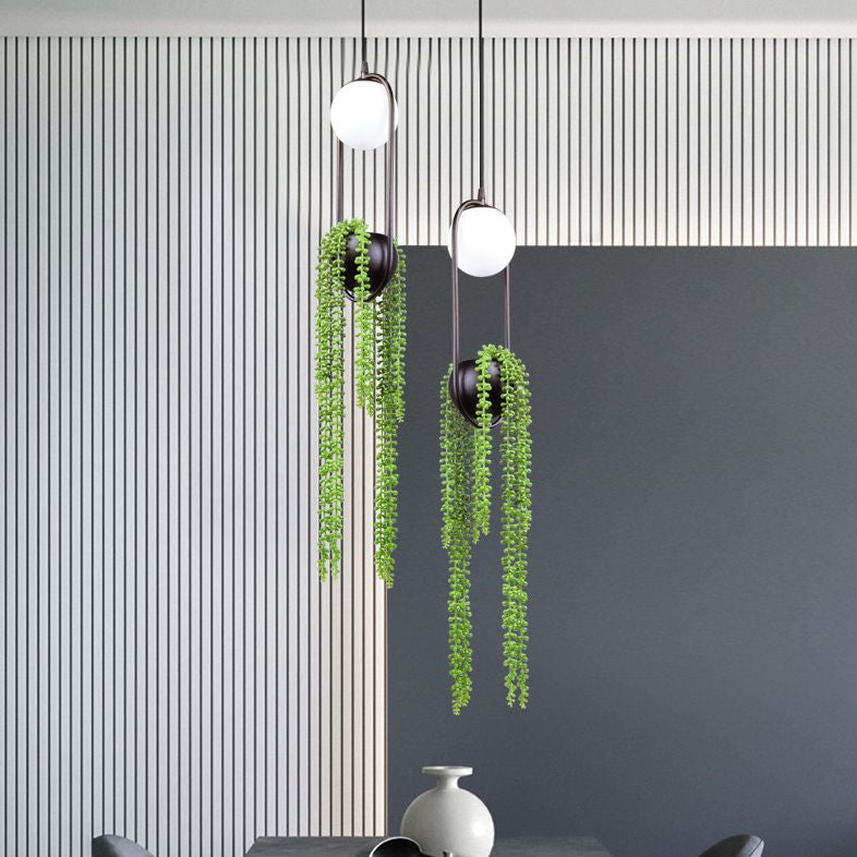 Modern Oval Metal Hanging Lamp White Glass Globe Shade 1 Light Pendant Light with Green Plant
