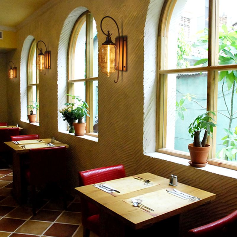 Glass Brown Wall Lamp in Industrial Retro Style Wrought Iron Drum Wall Light for Porch