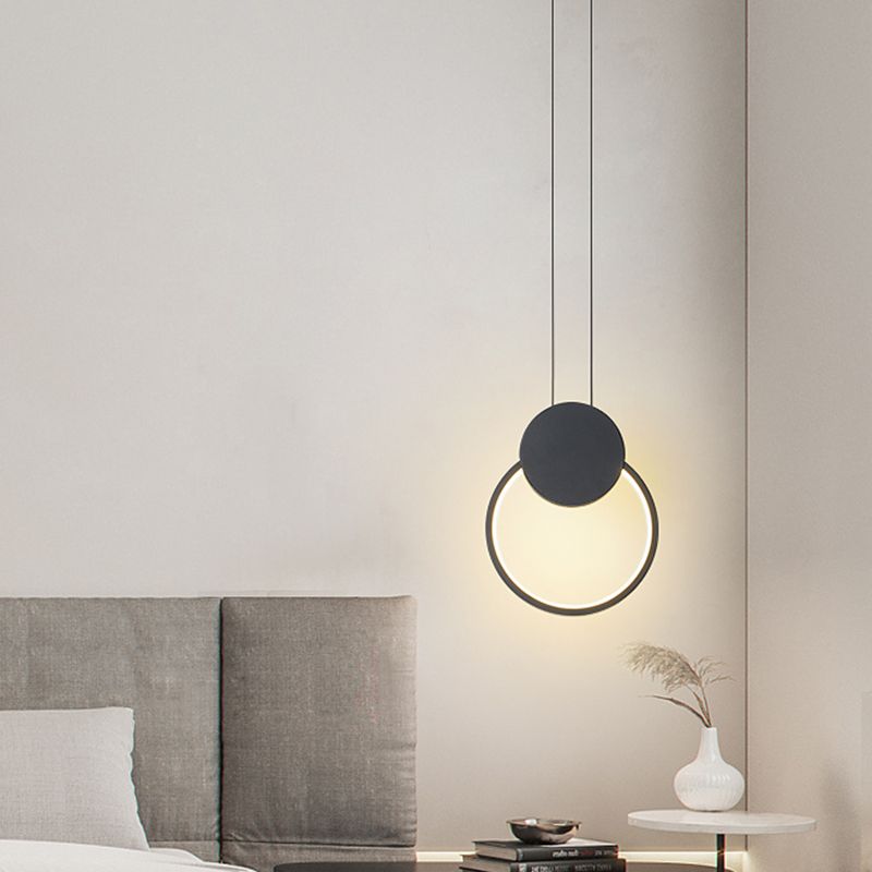 Modernism LED Down Mini Pendant Black/White Annular Hanging Lamp Kit with Metal Shade in Warm/White Light