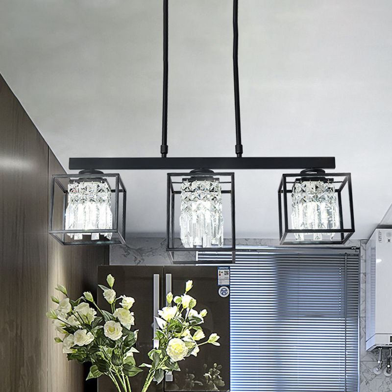 Tri-Sided Crystal Rod Black Hanging Ceiling Light Square 3/4 Heads Contemporary Island Lamp