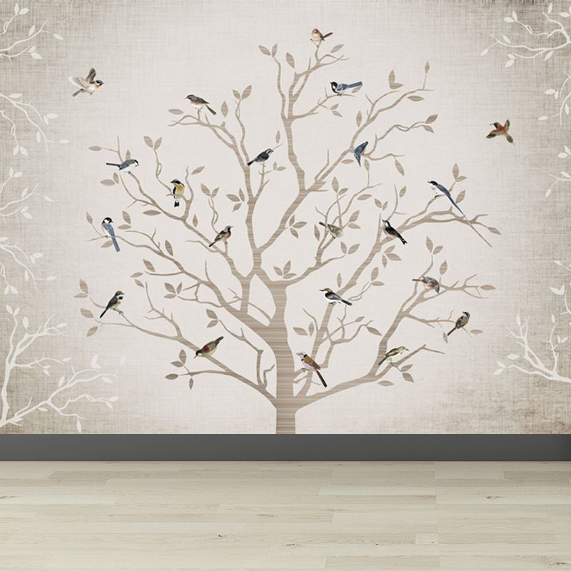 Non-Woven Whole Grey Mural Modern Bare Tree with Birds Wall Covering, Made to Measure
