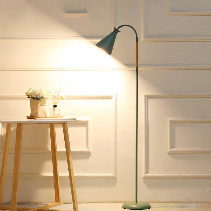 Gooseneck Floor Standing Lamp Macaron Metal Bedroom Floor Light with Cone Shade