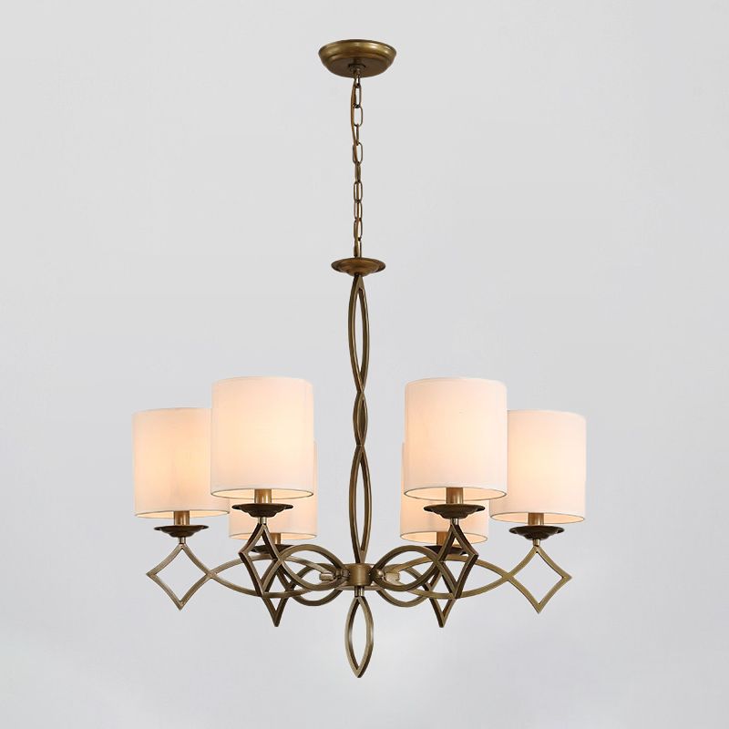 6-Light Chandelier Lamp Rural Style Drum Shade Fabric Pendant Light Fixture in White/Beige/Green with Metal Twisted Arm