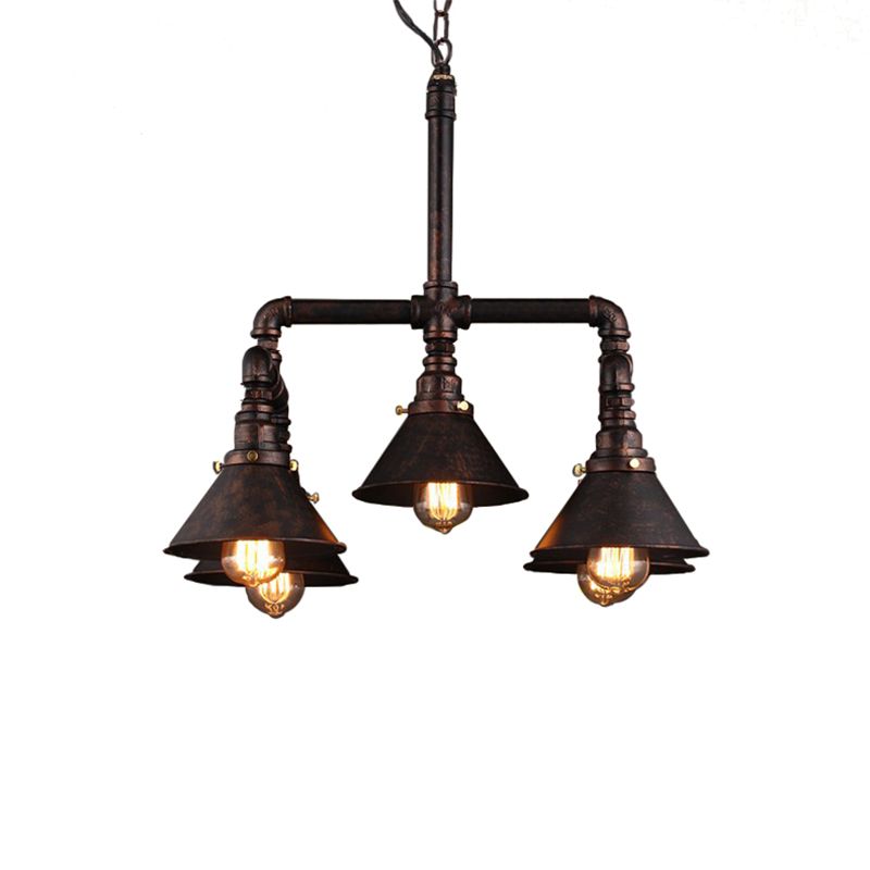 Plafond de 5 balles avec une nuance à cône Métal de salle à manger industrielle Prendeuse Pendante Light in Rust