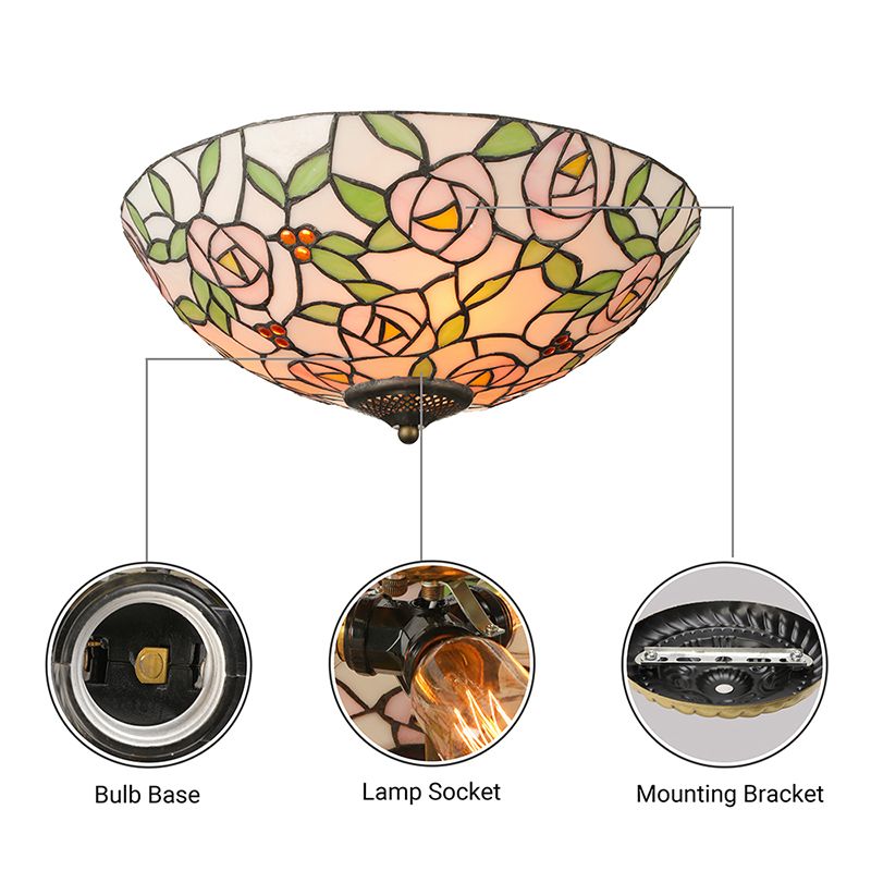 Pink and Green Bowl Flush Light with Rose Vintage Tiffany Stained Glass Flush Ceiling Light