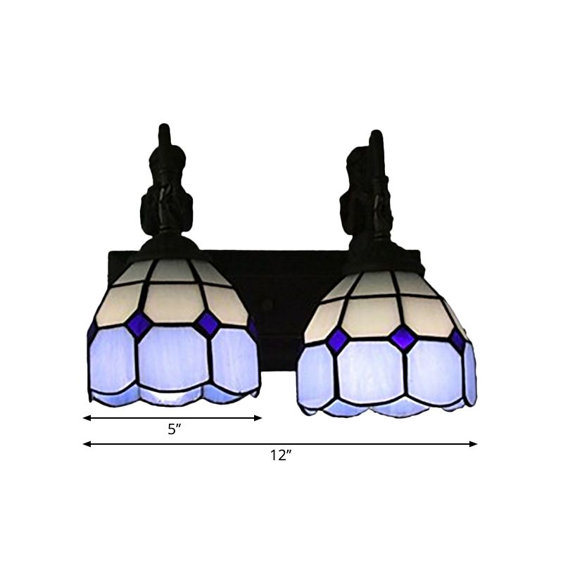 Lattice Dome Wall Light Fixture Baroque Blue Stained Glass 2 Lights Black Wall Sconce Lighting