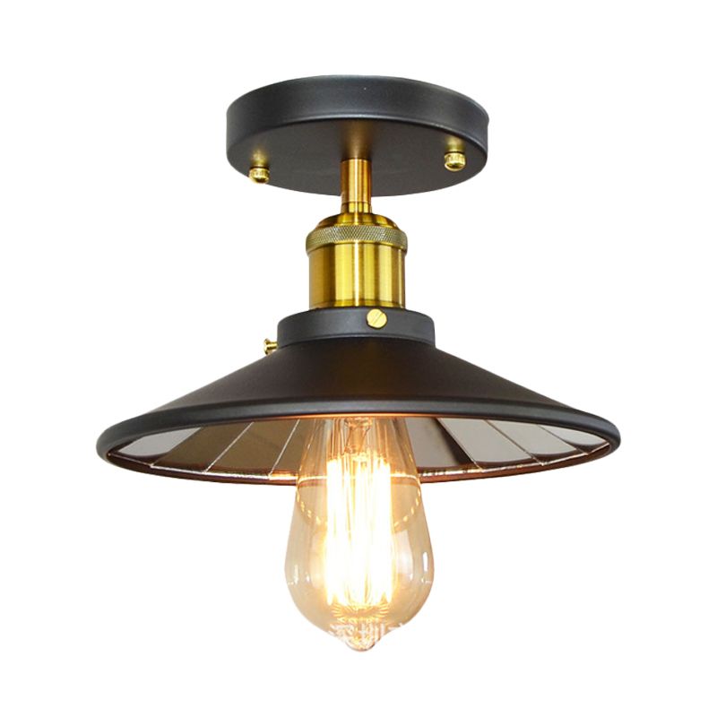 Metal Wide Flare Semi Flush Lighting Industrial 1-Light Study Room Close to Ceiling Lamp in Black