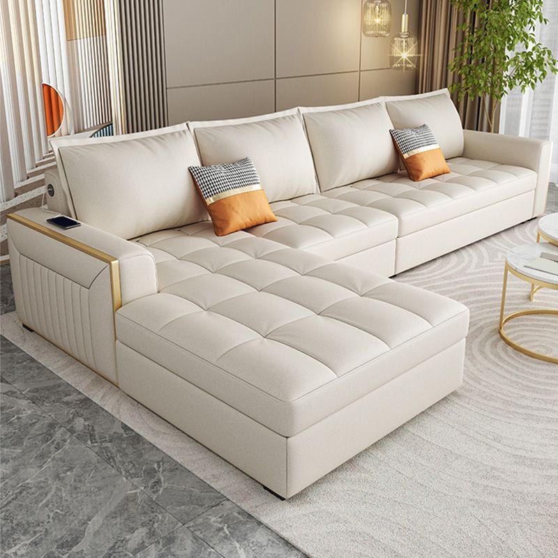 White Modern Sofa Bed with Storage USB Charging Convertible Sectional