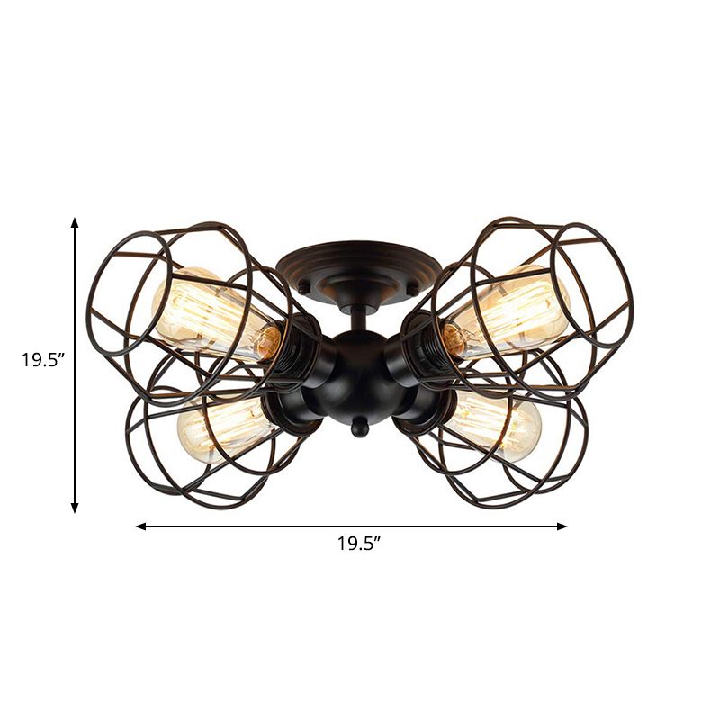 Käfig Schatten Metall halb Flush Pendelleuchte Industrie 4 Köpfe Schwarze Halbmontage Beleuchtung für Wohnzimmer
