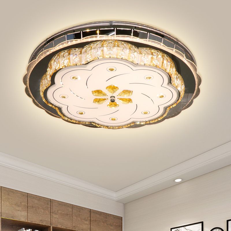Cut Crystal Blocks LED Lighting Fixture Modern Stainless-Steel Floral Bedroom Flush Ceiling Light