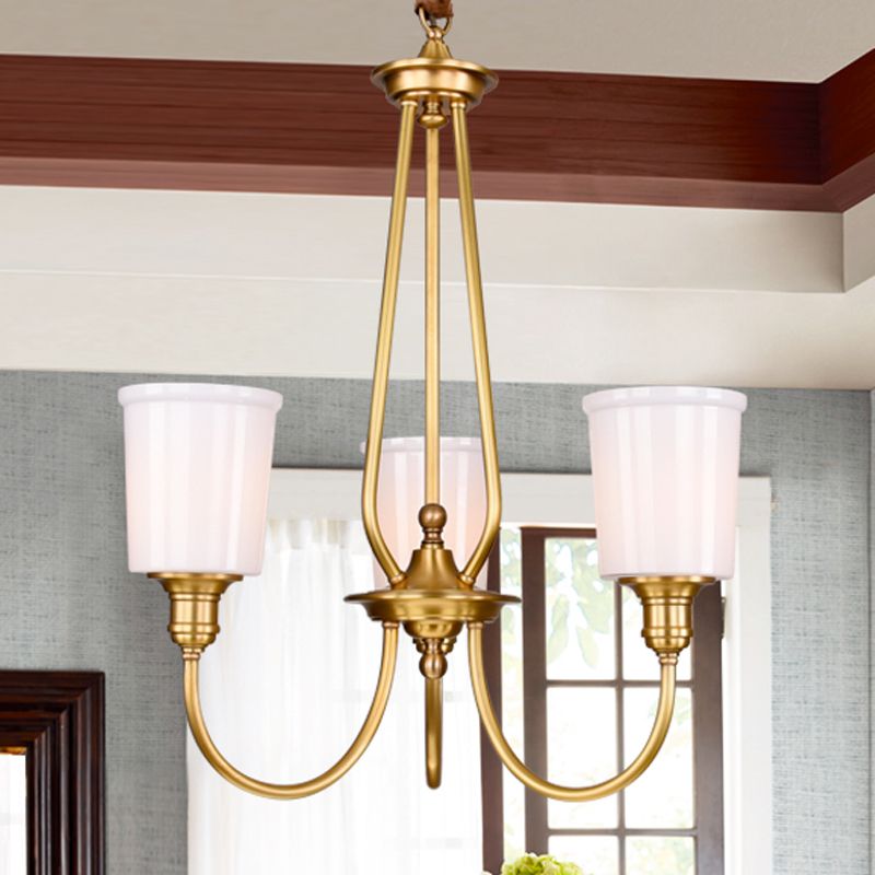 White Glass Cylinder Chandelier Light Colonialism 3/5 Lights Bedroom Pendant Lighting Fixture in Gold