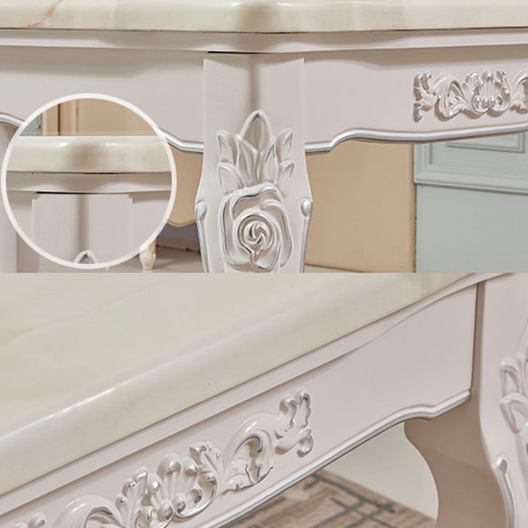 Juego de mesa de mármol victoriano de 5/7 con mesa rectangular de comedor con cávidos con sillas textiles