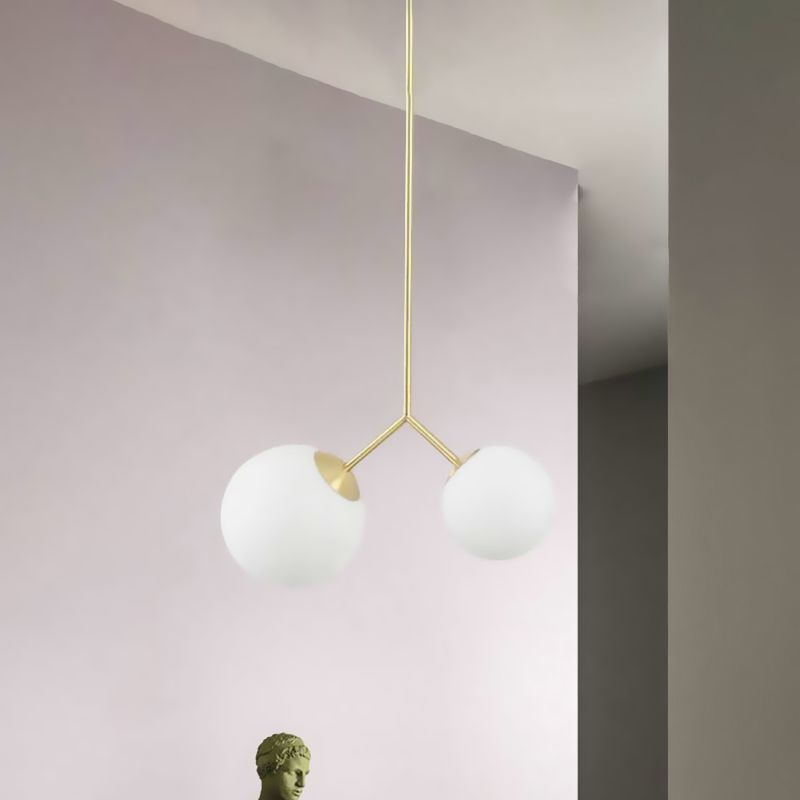 2 Lights Pendant Ceiling Light Nordic Gold Hanging Ceiling Light with Globe White Glass Shade