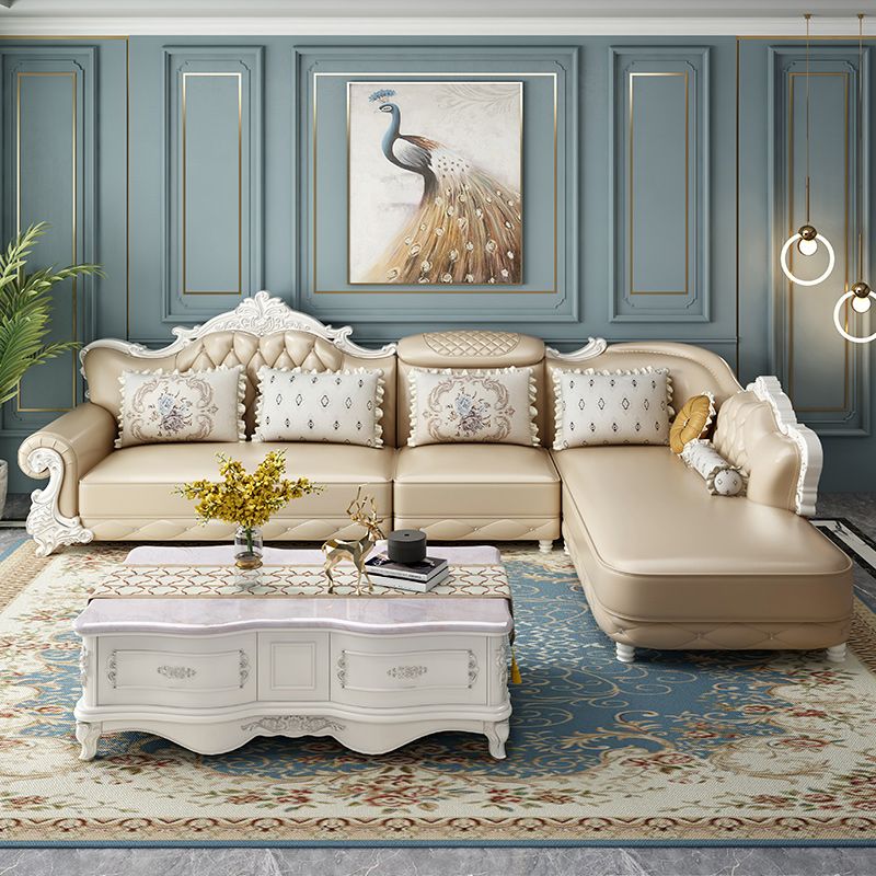 Tufted Scroll Arm Chesterfield Sofa and Chaise Genuine Leather Sofa with Pillows