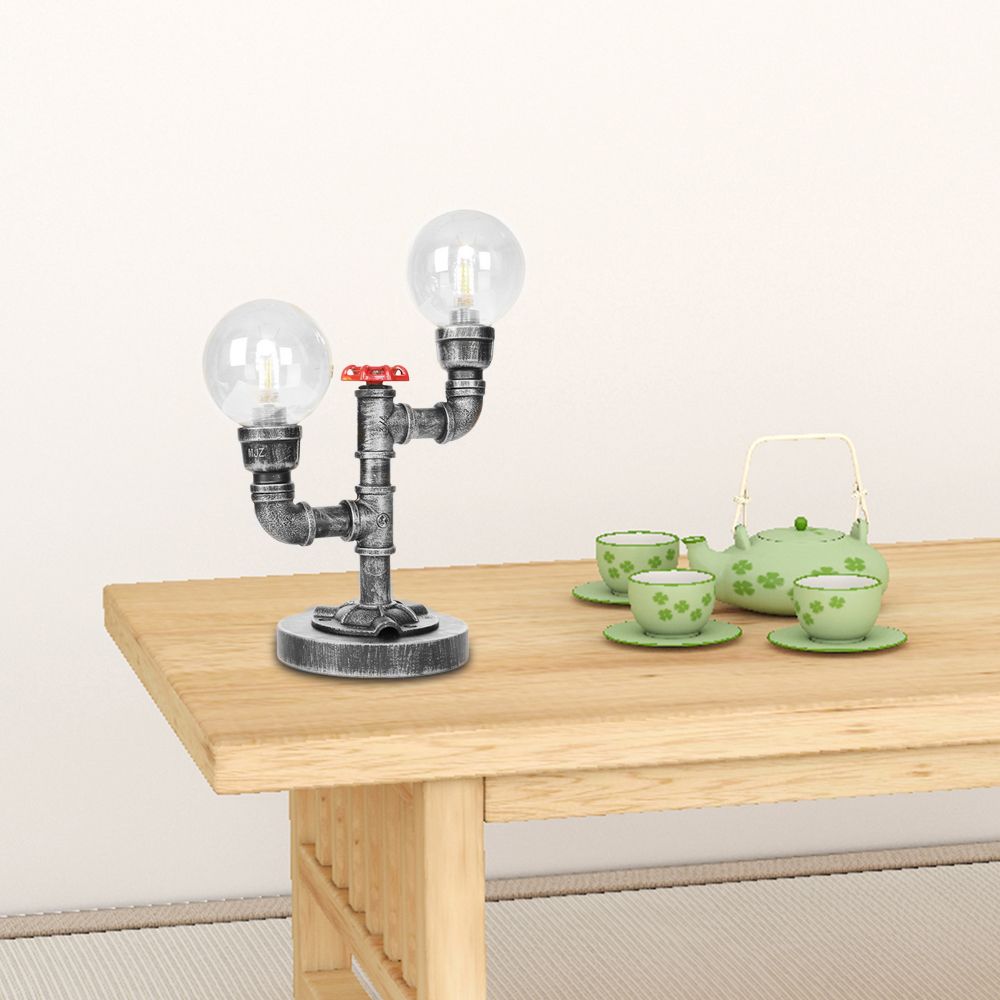 Lámpara de escritorio de 2 luces Sombra redonda industrial de sombra transparente/iluminación de mesa de vidrio ámbar en plata antigua