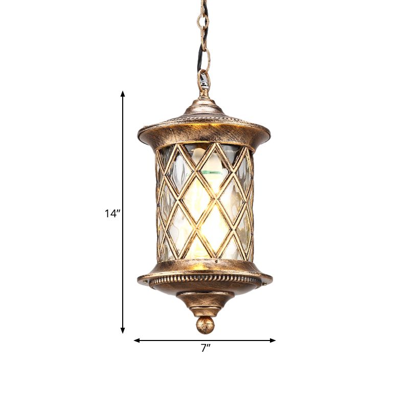 Clear Water Glass Bronze Hanging Light Kit Cylinder 1-Light Rustic Suspension Pendant with Lattice Cage